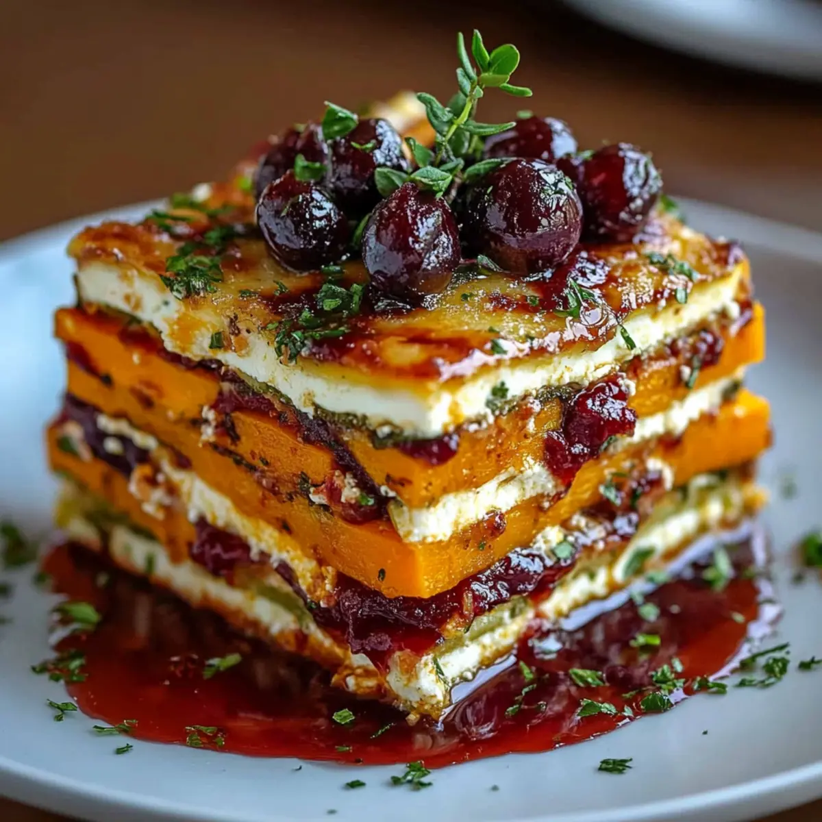 Vegetable Lasagna with Sweet Potato, Butternut Squash & Cranberry Glaze