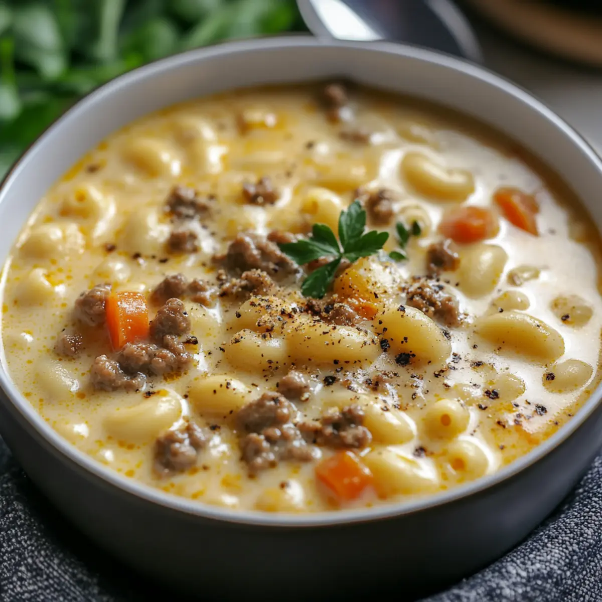 One-Pot Creamy Cheeseburger Macaroni Soup